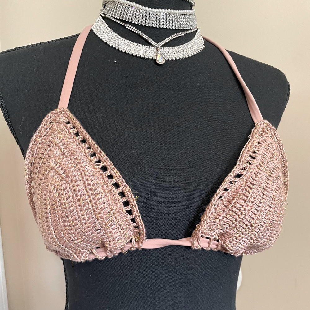 Tan, cotton, bikini top.